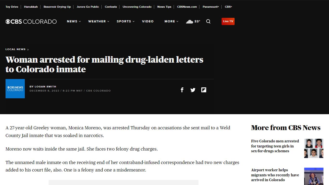 Woman arrested for mailing drug-laiden letters to Colorado inmate